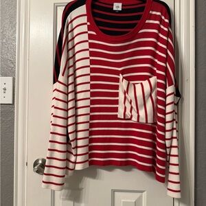 CAbi Red and White Striped Crew Neck Sweater